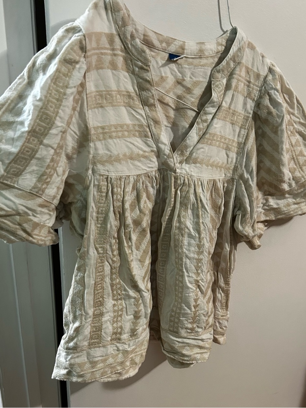 Old Navy Cream and Tan Striped Textured V-Neck Peasant Blouse